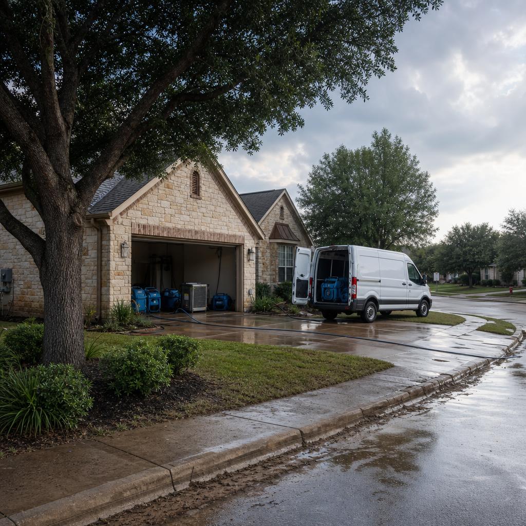 Restoration service van parked outside a residential home, ready for emergency water damage cleanup