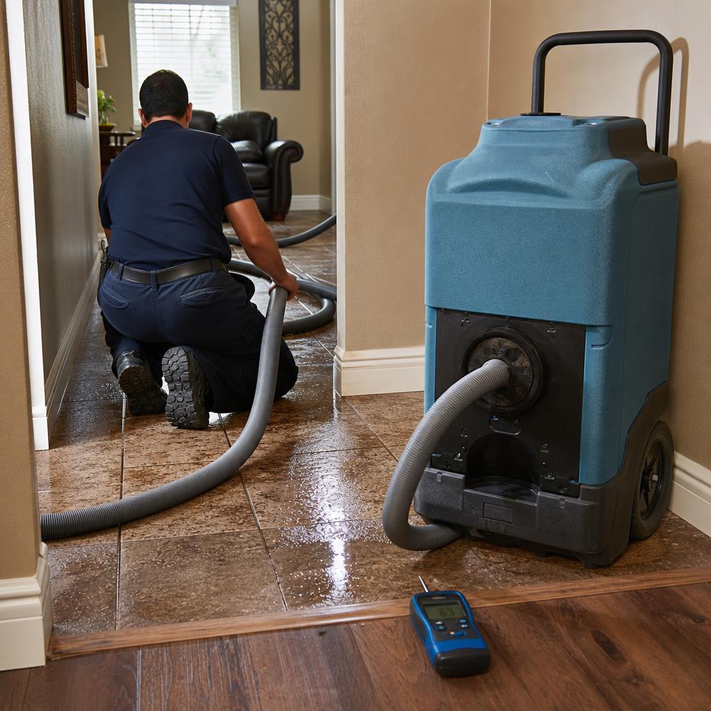 Technician operating professional water extraction equipment to remove standing water from a flooded floor